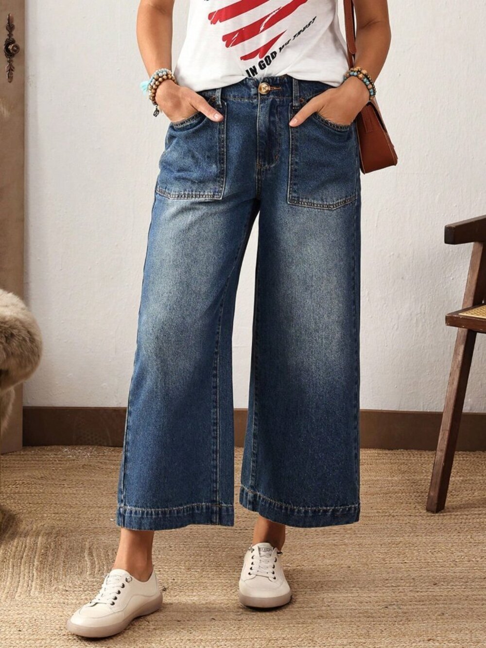 Dark Wash Blue Casual Women's stretchy waist Pocketed Zipper cropped Jeans